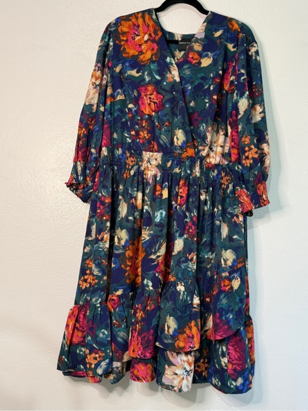 Maison Tara Floral Tiered V-Neck Midi Dress in Teal & Multicolor. Sz 16W